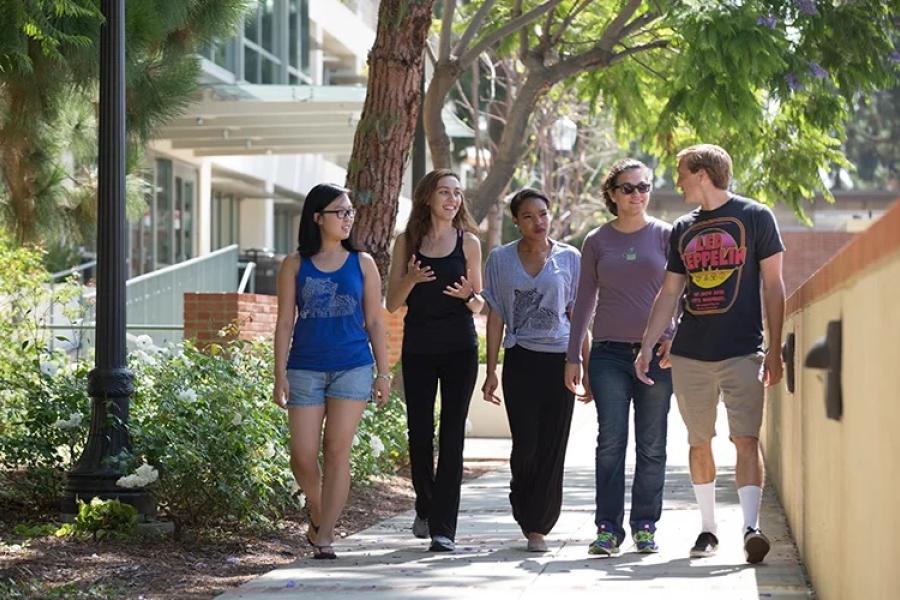 Group talking and walking forward. 