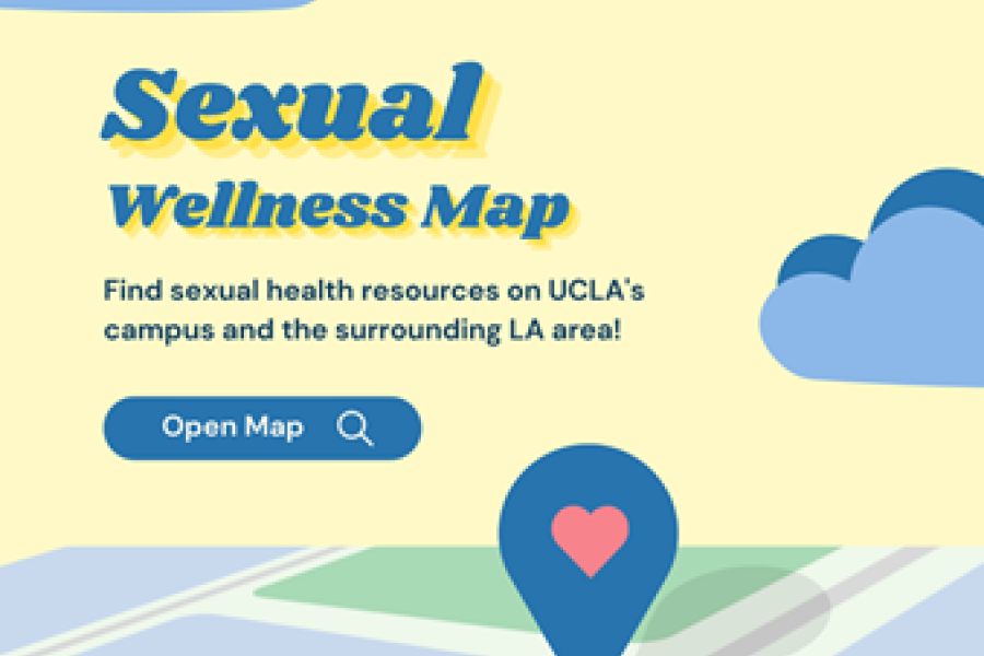 Yellow background with blue clouds with text: Sexual Wellness Map